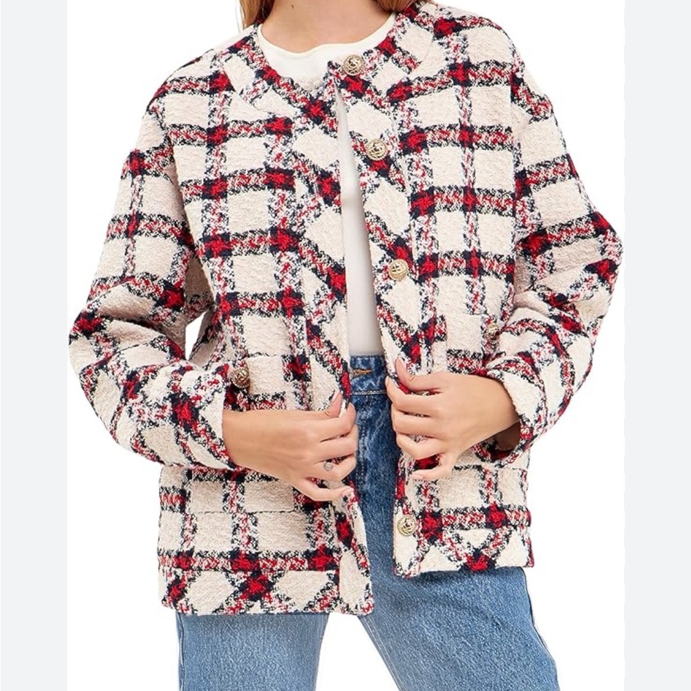 English Factory Bouclet Tweed Gold Button Jacket Coat